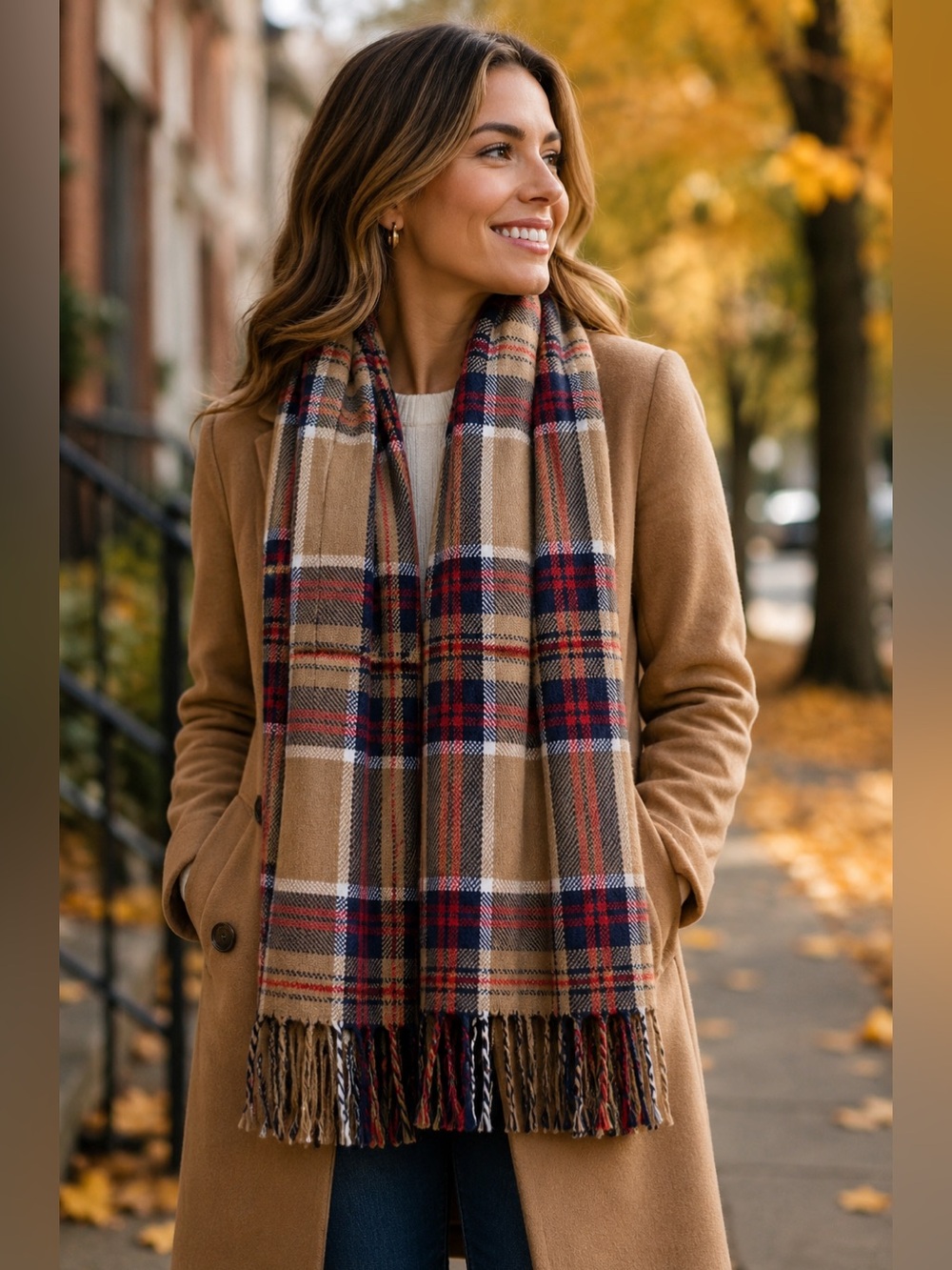BANANA Republic camel brown navy blue red plaid check tartan fall winter scarf